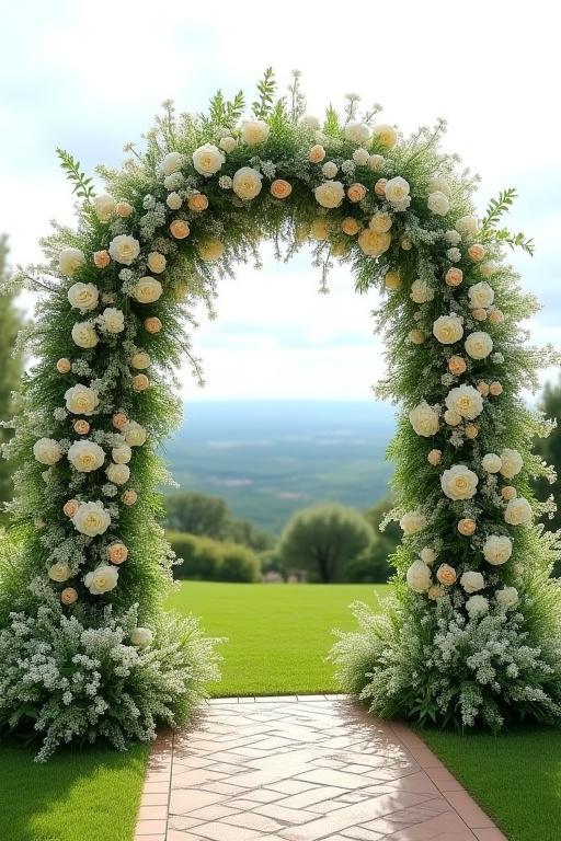 Un magnifico arco floreale per una cerimonia di matrimonio all'aperto.