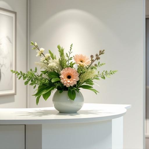Una composizione floreale elegante su una reception di un'azienda.
