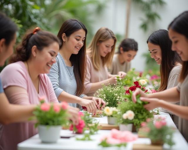 Persone sorridenti che partecipano a un workshop di composizione floreale.